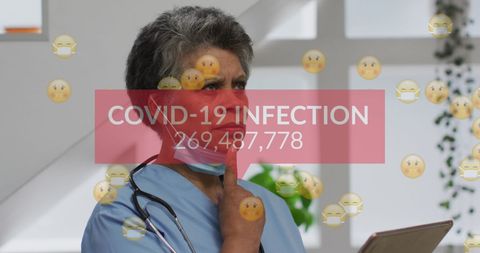 Female Doctor Analyzing COVID-19 Statistics With Emojis