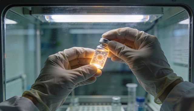Gloved hands holding glowing vial with virus icon inside biosafety cabinet