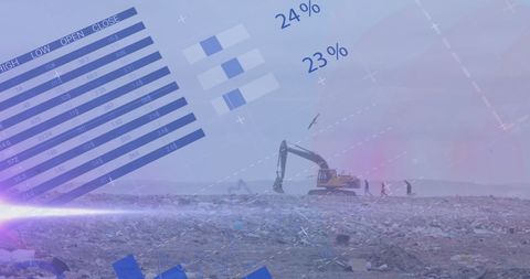 Infographic Overlay on Landfill Excavator, Waste Management Concept