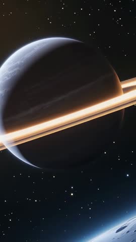 Vertical video of ringed gas giant orbiting above cratered moon with glowing golden rings