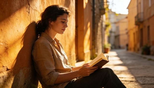 Young woman reading paperback while leaning on sunlit plaster wall by cobblestone lane
