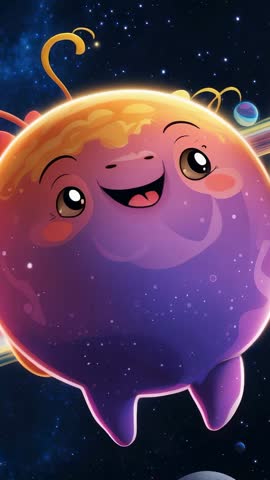 Cute Purple Planet Curving into View Whimsical Cosmic Vertical Animation
