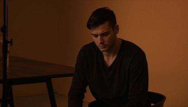 Pensive young man sitting in warm studio sidelight, moody contemplative cinematic portrait