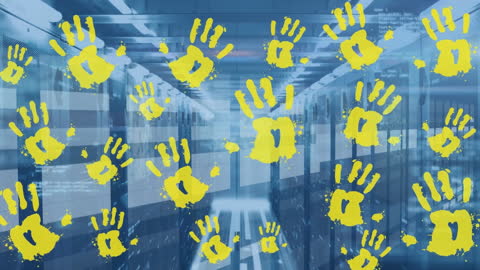 Digital Handprints Highlighting Cybersecurity in Server Room