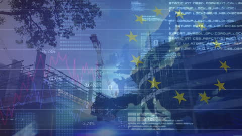 Financial Data and EU Flag Over Construction Site Progress