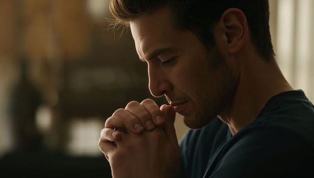 Contemplative young man clasping hands near mouth in warm profile closeup, introspective mood