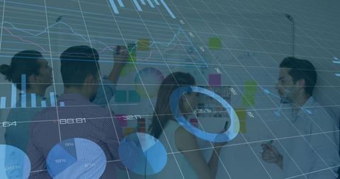 Diverse Team Collaboration with Digital Data Overlay in Office Meeting