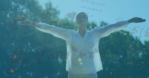 Woman Embracing Nature with Mathematical Equations Overlay