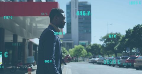 Businessman Walking in City with Digital Financial Data Overlay - Download Free Stock Images Pikwizard.com