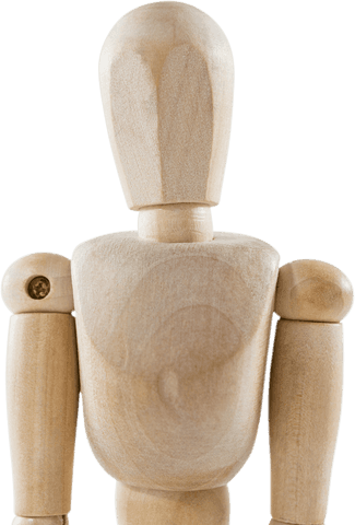 Transparent wooden mannequin in upright pose close up
