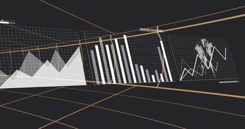 Futuristic 3D Data Dashboard Floating Area Bar Line Charts with Grid Lines for Analytics