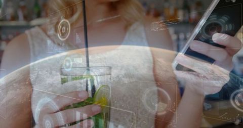 Woman Enjoying Cocktail and Smartphone with Futuristic HUD Overlay