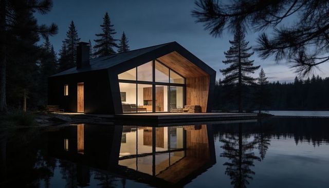 Modern Lakeside Cabin with Glass Facade Reflecting in Calm Lake at Twilight, Forest Retreat