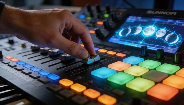 Hand Adjusting Mixer Fader on Colorful MIDI Controller with Touchscreen and RGB Pads