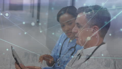 Diverse Doctors Analyzing Digital Data in Futuristic Setting