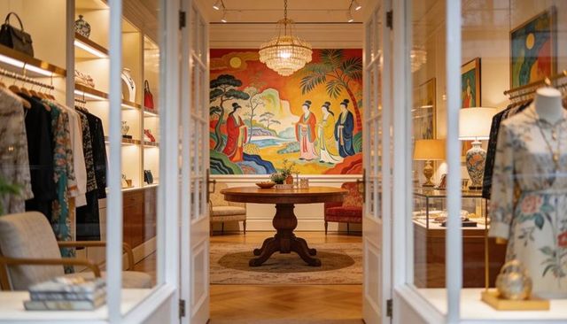 Luxury boutique interior showcasing round wood table, chandelier and asian-inspired mural