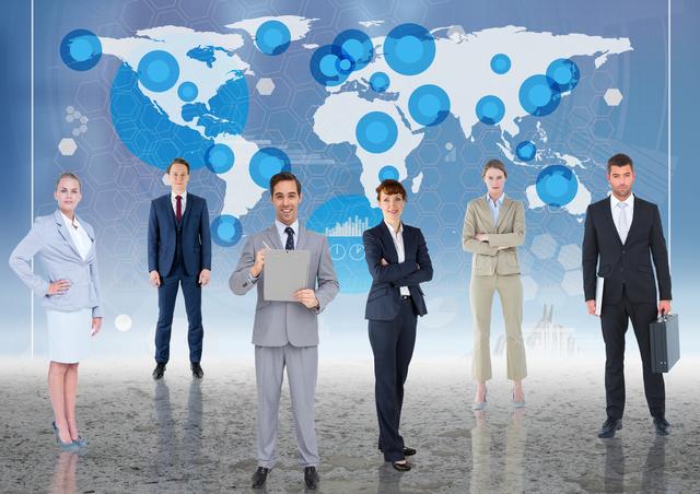 Group of business professionals standing confidently in front of a digital world map, conveying global connectivity and international teamwork. Ideal for business platforms, corporate websites, presentation slides, and promotion of international business services.