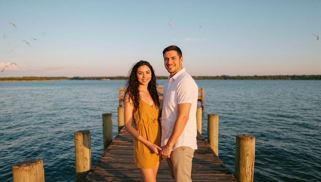 Romantic couple standing on pier holding hands at golden hour sunset over calm water