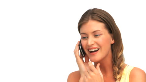Smiling Woman Talking on Smartphone White Background