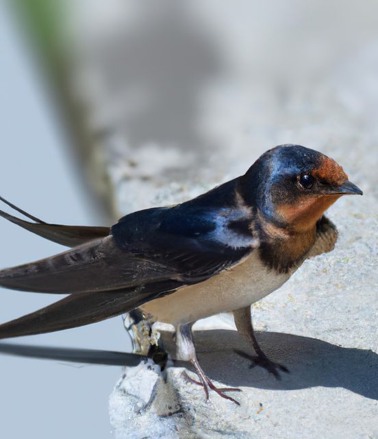Barn swallow standing on concrete surface with detailed feather patterns clearly visible. Useful for nature and wildlife magazines, birdwatching enthusiasts, educational materials, and environmental awareness campaigns.