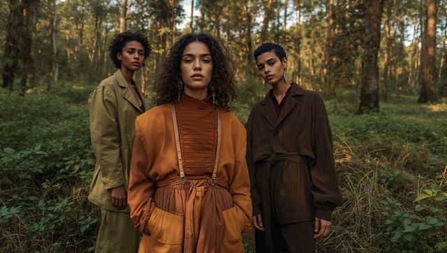 Fashionable Models Posing in Harmony with Sunlit Forest