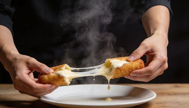 Hands pulling melted cheese stick stretching stringy mozzarella from golden breaded snack