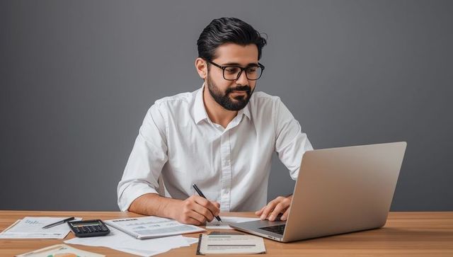 Focused Professional Man Analyzing Financial Reports on Laptop