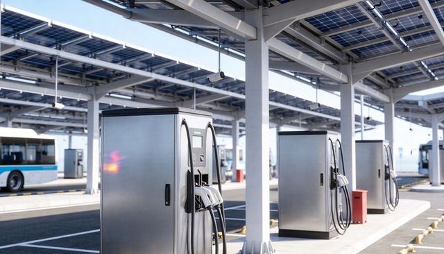Electric bus charging stations operating under solar-panel canopy at transit depot
