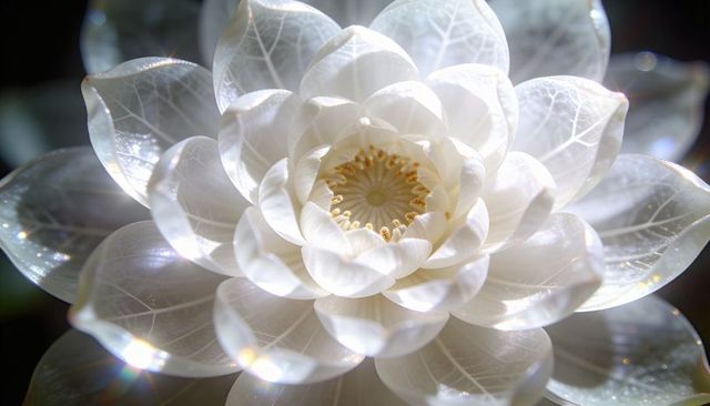 Glowing translucent white lotus bloom revealing veined petals and golden stamen lens flare