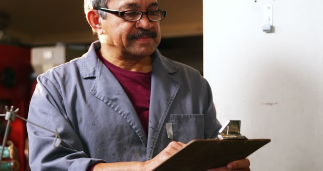 Mature Male Mechanic Taking Notes on Clipboard at Workshop - Download Free Stock Images Pikwizard.com