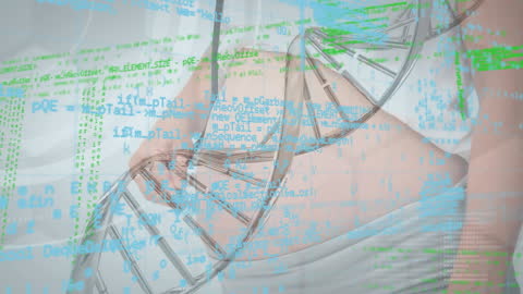 DNA Helix Overlaid with Digital Code and Data Symbols