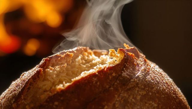 Steaming sourdough boule with cracked golden crust and flour dusting