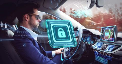 Executive driving securing connected car with holographic cybersecurity interface and HUD