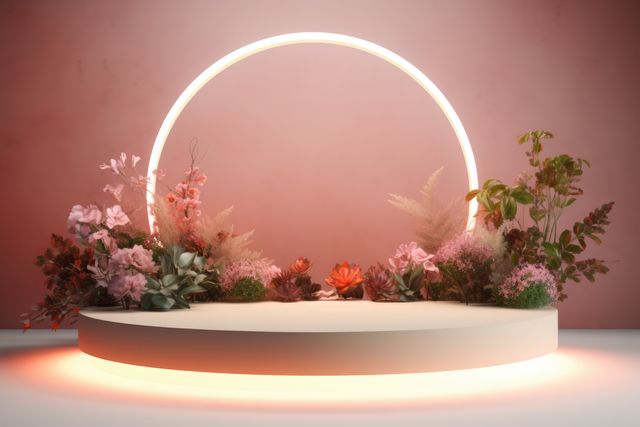 Luxurious floral arrangement with a neon circular light floating above a sleek pedestal, set against a soft pink backdrop. Ideal for use in design projects, advertisements for floral events, background or centerpiece in wedding decorations or botanical presentations.