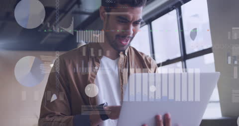 Young Professional Interface with Futuristic Data Hologram