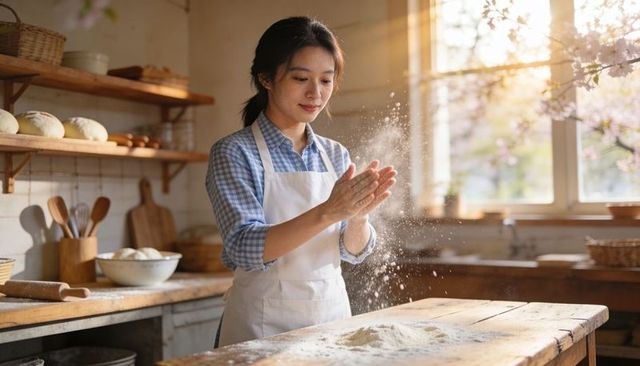 Baker sprinkling flour over dough on rustic wooden table in sunlit kitchen