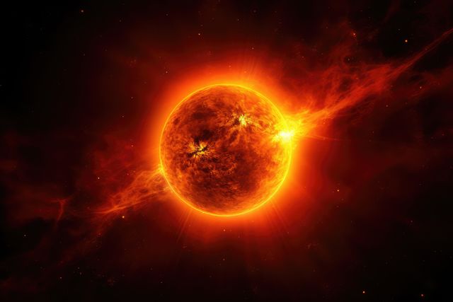 This depiction of the sun with a prominent solar flare against a dark space background can be used in scientific publications, educational materials, or presentations about astronomy and space phenomena. Highlight the intensity and dynamism of our closest star for all kinds of edifying purposes. Ideal for illustrating concepts about solar energy, astrophysical studies, and cosmic events.