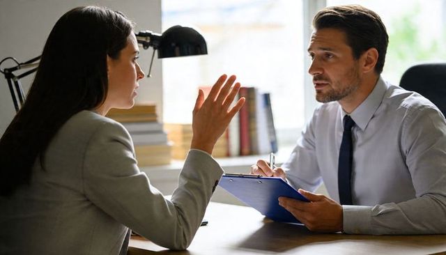 Woman gesturing during business discussion while colleague taking notes on blue clipboard