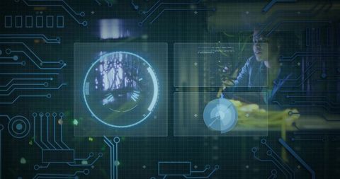Woman using holographic analytics dashboard with augmented reality interface and radar HUD