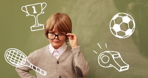 Young Student Adjusting Glasses with Sports Illustrations Background