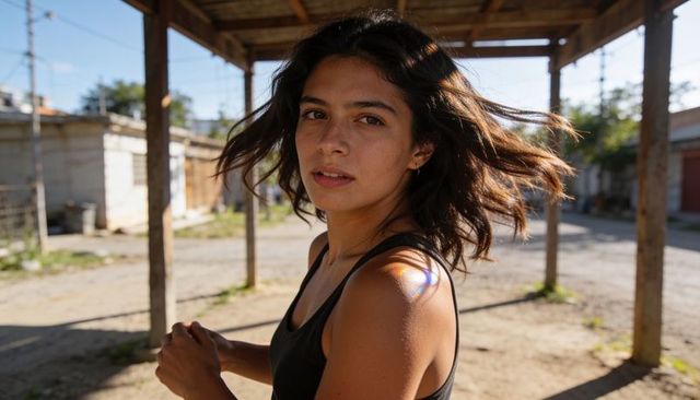 Urban young woman turning toward camera outdoors with wind-blown hair and sunlit shoulder