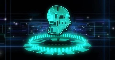 Glowing circuit head hologram hovering above futuristic neon ring, ai cyber interface