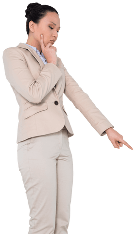 Focused Asian Businesswoman Pointing with Transparent Background