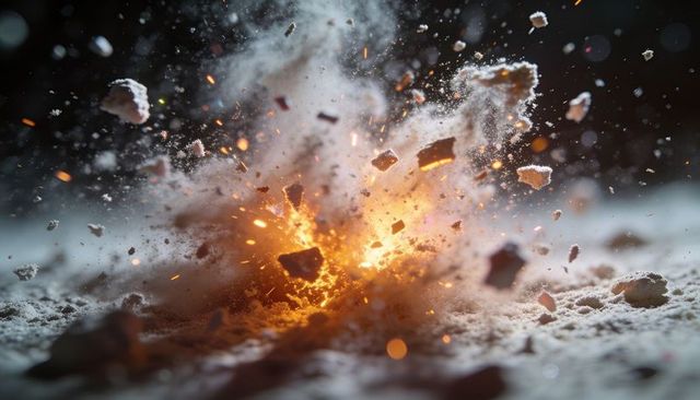 Powder exploding revealing fiery core with glowing sparks, flying fragments and dust plume