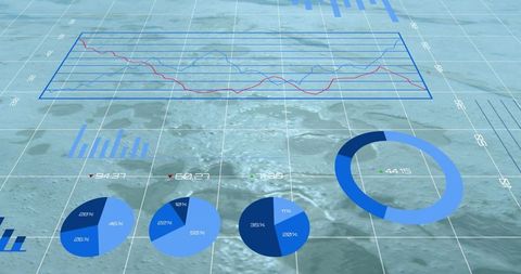 Animating holographic dashboard over water grid with translucent 3d blue charts and rings