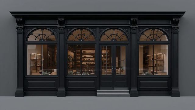 Dark classical storefront displaying arched glazing and timber facade with warm lit shelves