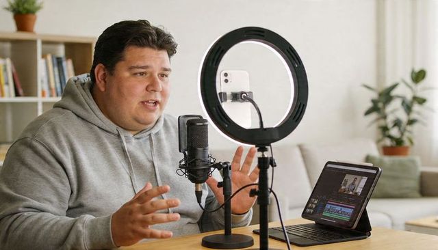 Male creator recording podcast with ring light microphone, tablet editing at home studio