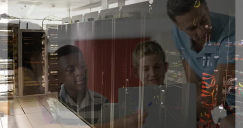 Diverse Students Exploring Technology in Server Room