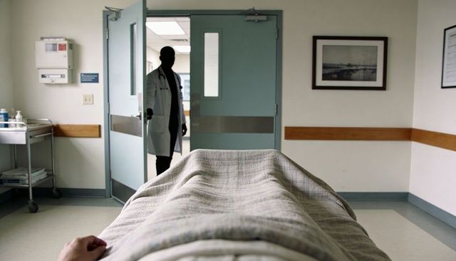 Silhouetted doctor entering hospital corridor while patient lying covered on gurney in clinical ward