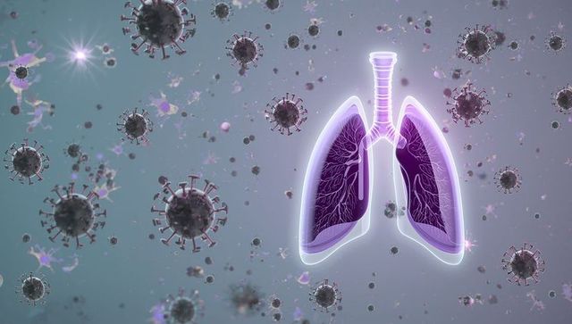 Glowing lungs highlighting bronchial tree and trachea among airborne coronavirus particles